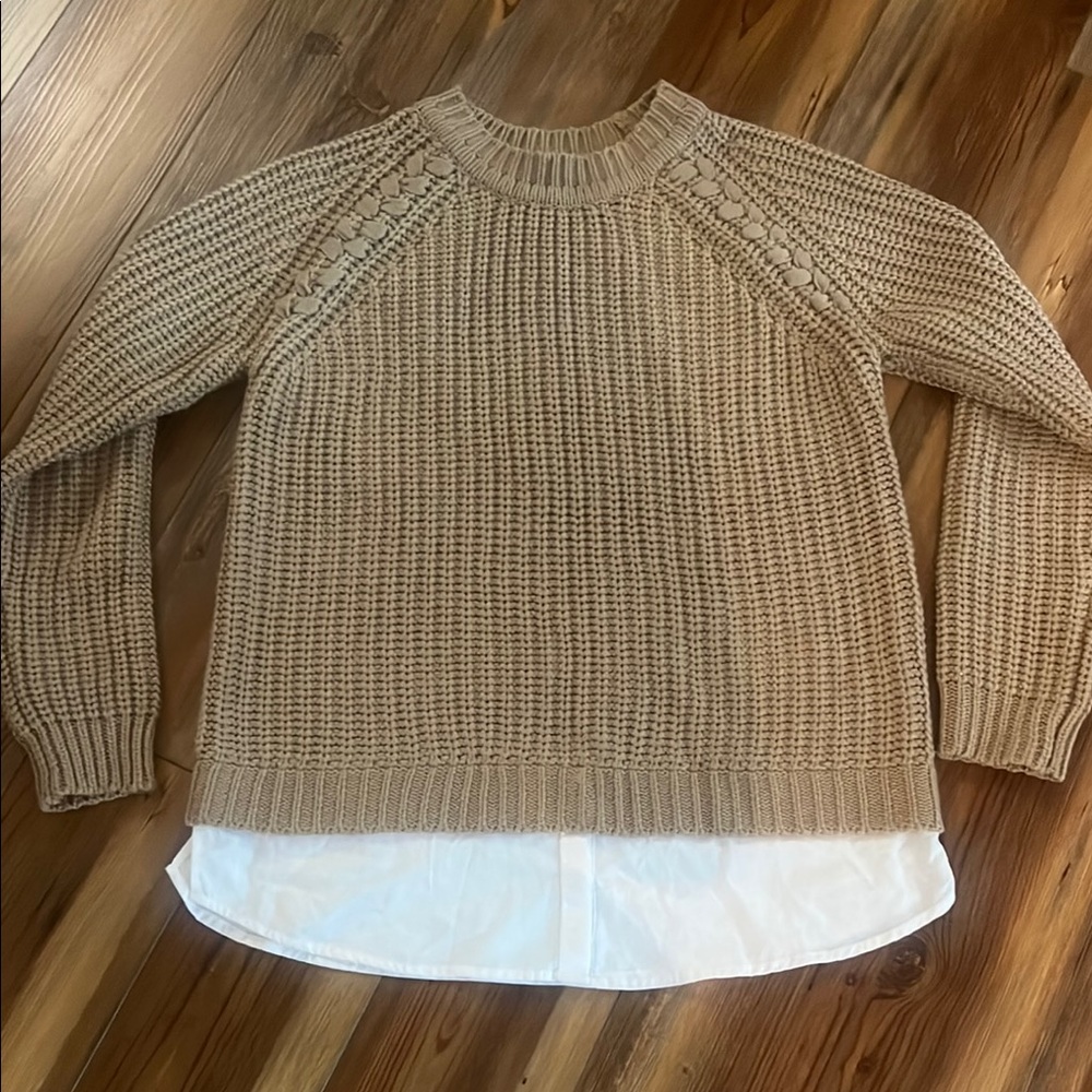 Women's Tan Sweater with White Hem